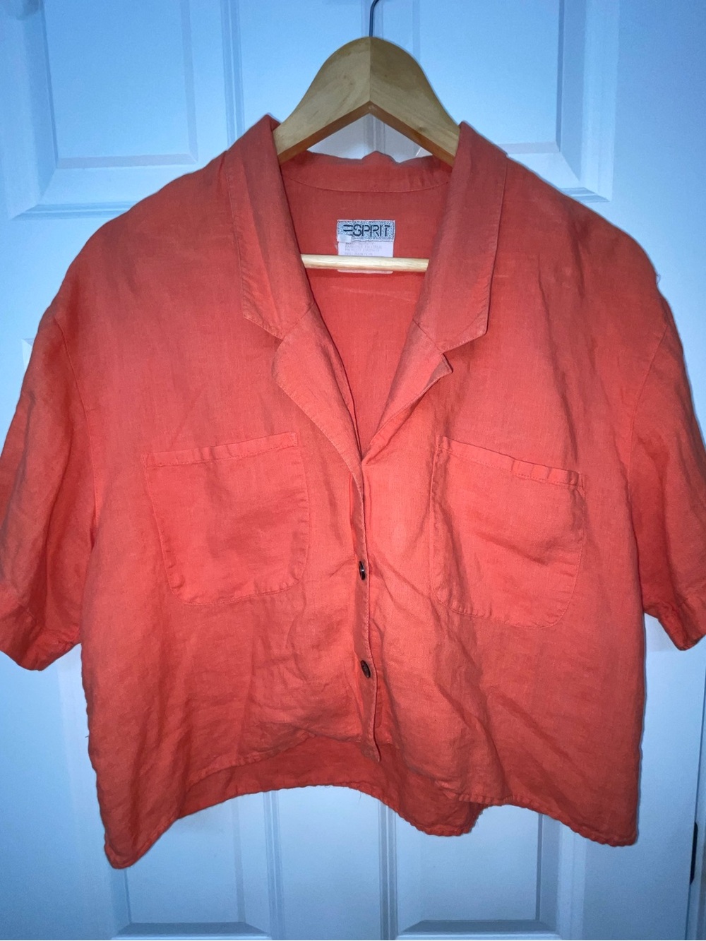 Esprit Vintage 1980s Women's Coral Linen Short-Sleeve Button Front Top